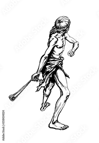 Caveman Throwing Stone. Hunting or Competition on Throwing of Stone.