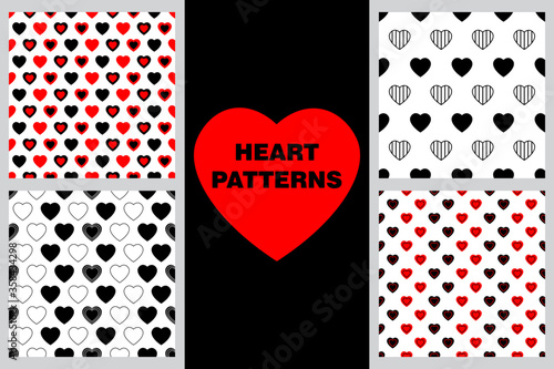 Heart pattern set, seamless vector patterns, red, black and white hearts.