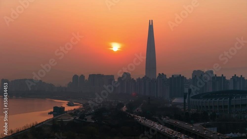 Time Lapse Sunrise clouds at Seoul City Skyline with Lotte tower in Seoul  South Korea 