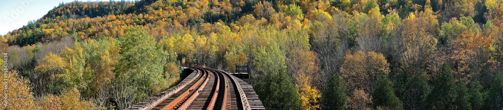 Obraz premium Panoramic view of the vibrant autumn colors with railroad track at Credit River Valley in Celedon, Ontario, Canada.