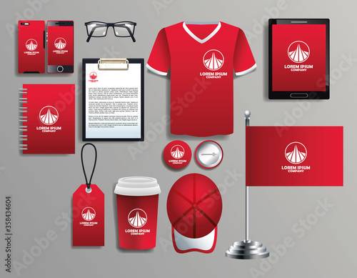 set of red elements with stationery templates