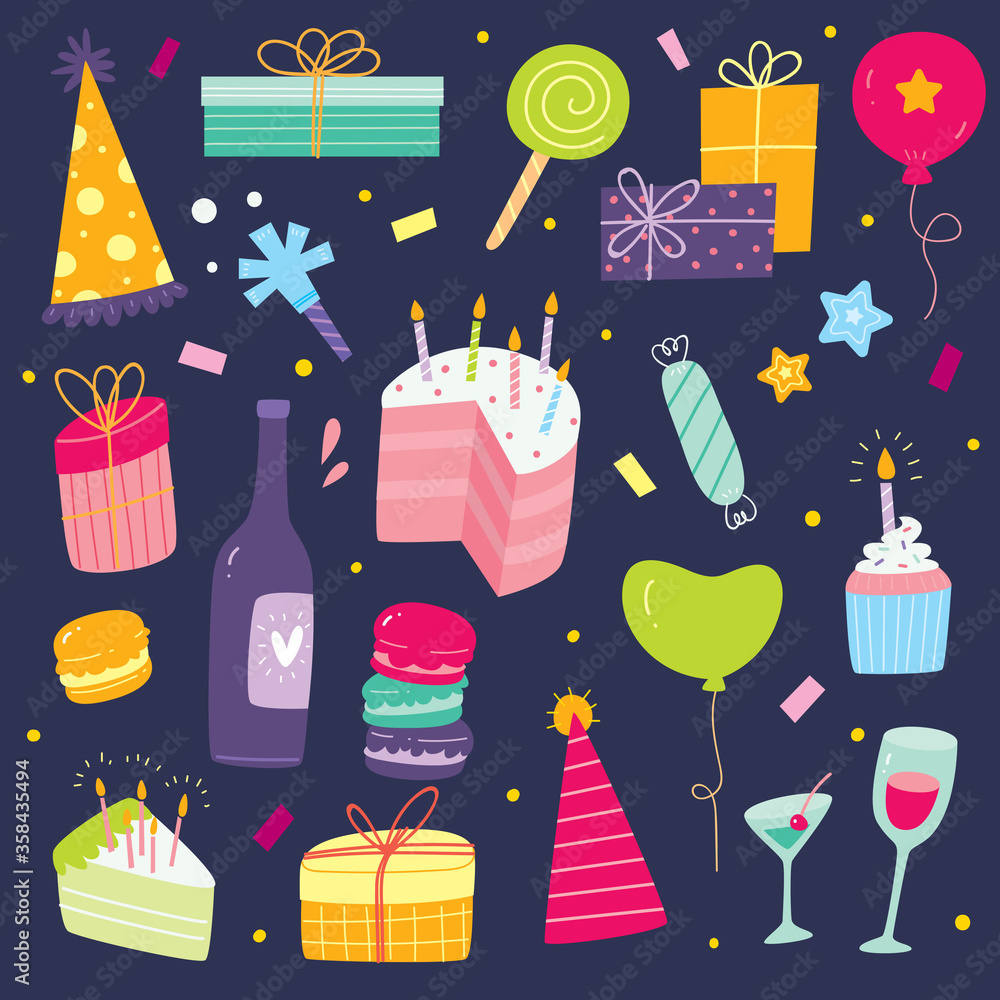Set of cute hand drawn birthday design element, suitable for card design, scrapbooking etc Set of cute hand drawn birthday design element, suitable for card design, scrapbooking etc