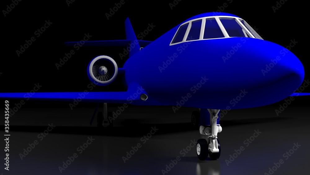 Blue jet aircraft for personal business travel - 3D rendering illustration