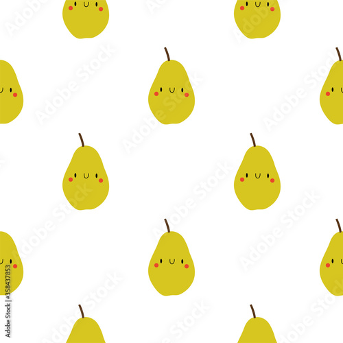 Kawaii Cartoon Pear. Seamless Vector Patterns