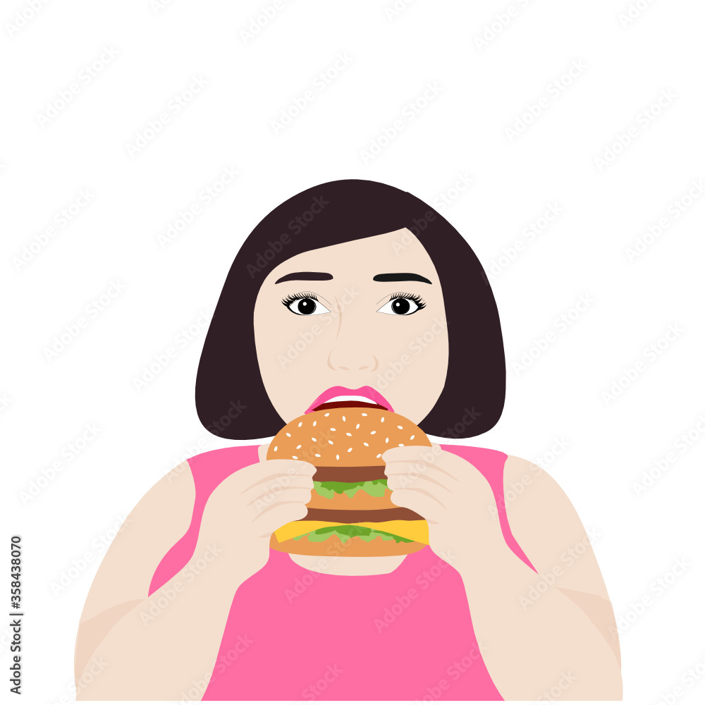 Fat woman eating hamburger isolated on white background vector illustration. Fast food concept