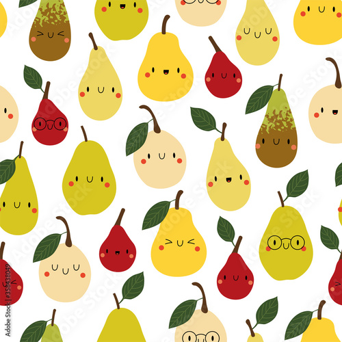 Kawaii Cartoon Pear. Seamless Vector Patterns