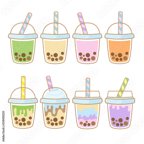 Bubble tea flavors cup design collection, Pearl milk tea, Yummy drinks, Taiwan milk tea, Boba Bubble Milk Tea, Cute Sticker, Vector Illustration