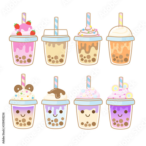 Bubble tea flavors cup design collection, Pearl milk tea, Yummy drinks, Taiwan milk tea, Boba Bubble Milk Tea, Cute Sticker, Vector Illustration