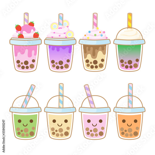 Bubble tea flavors cup design collection, Pearl milk tea, Yummy drinks, Taiwan milk tea, Boba Bubble Milk Tea, Cute Sticker, Vector Illustration