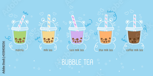 Bubble tea flavors cup design collection, Pearl milk tea, Yummy drinks, Taiwan milk tea, Boba Bubble Milk Tea, Cute Sticker, Vector Illustration