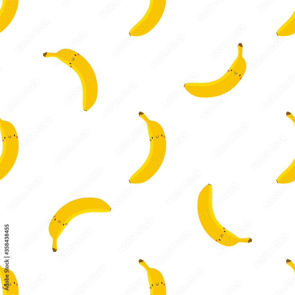 Kawaii Cartoon Banana. Seamless Vector Pattern