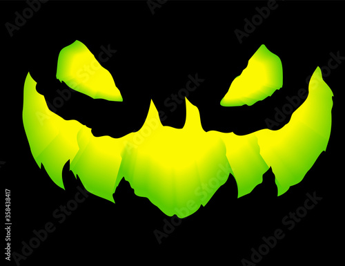 Green grinning Jack Lantern.Smile glowing in the dark pumpkin. 3d realistic vector illustration. © Leonid