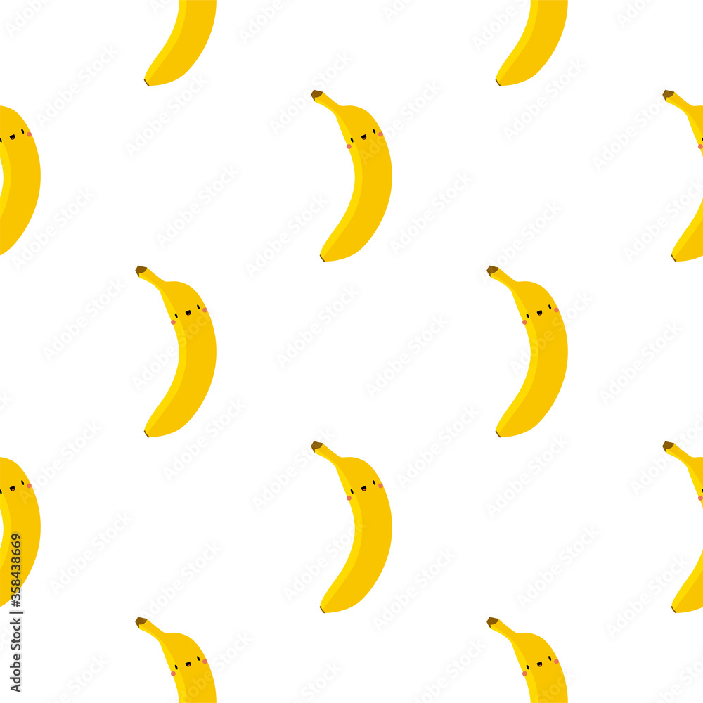 Kawaii Cartoon Banana. Seamless Vector Pattern