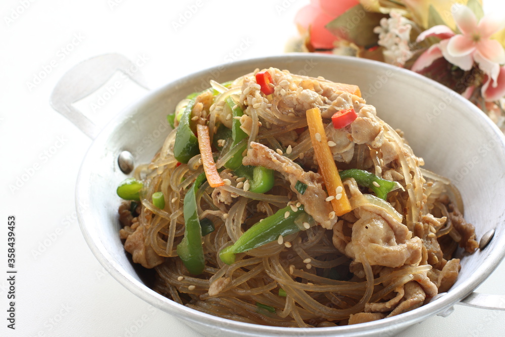 Korean food, homemade Japchae glass noodles and vegetable stir fried