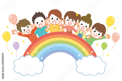 Illustration of energetic kids with a rainbow