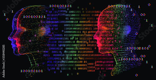 Artificial Intelligence and Virtual Reality concept. 3D human head made of pixels in neon holographic vivid colors on dark background. Vaporwave and Synthwave style illustration.