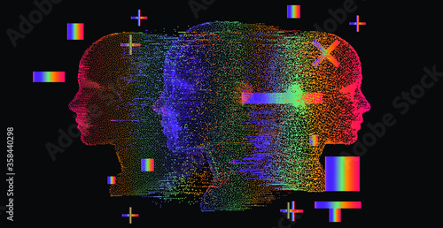 Artificial Intelligence and Virtual Reality concept. 3D human head made of pixels in neon holographic vivid colors on dark background. Vaporwave and Synthwave style illustration.