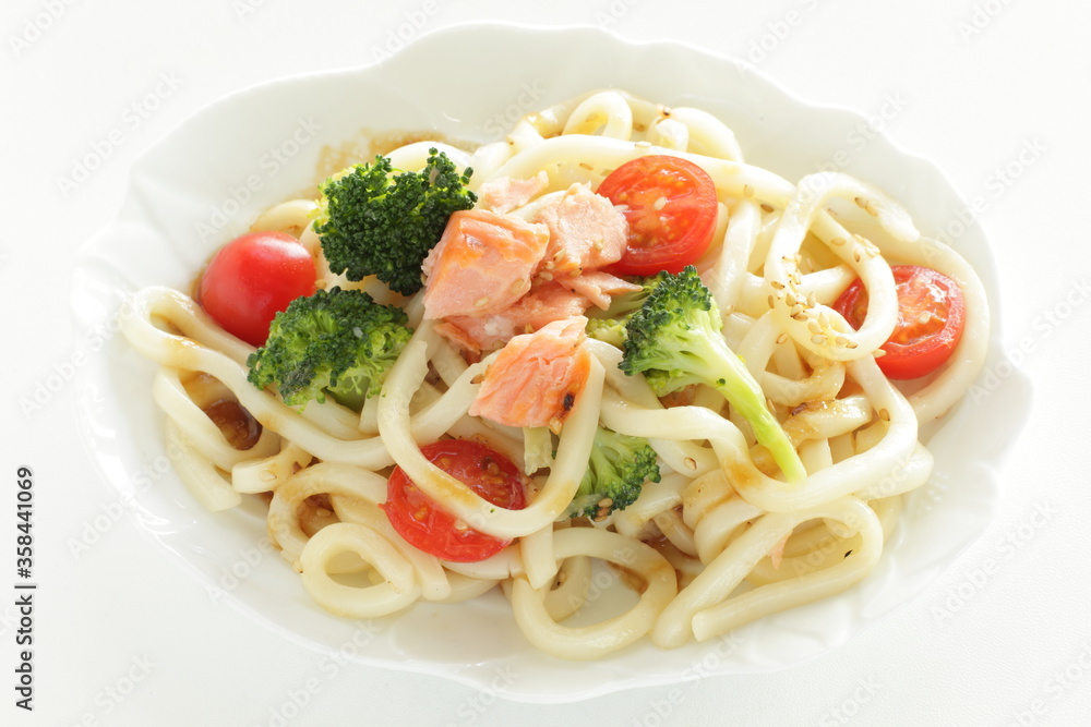 Japanese summer dish, salmon and vegetable Udon noodles salad