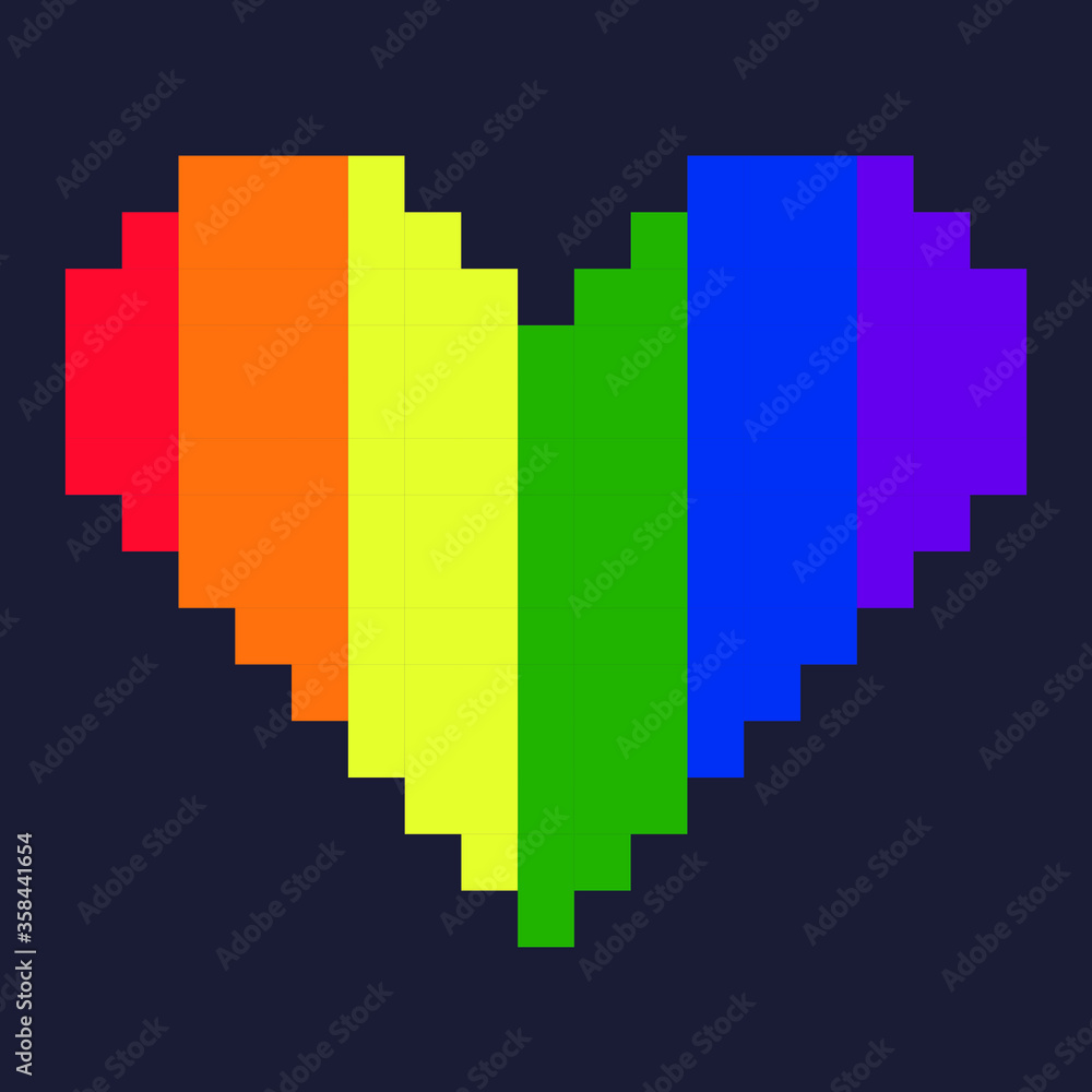 Rainbow Pixel Art Heart Shape Isolated on Purple Background Vector Illustration. Red, Orange, Yellow, Green, Blue, Purple Rainbow Pixel Art Heart Shape Isolated on Purple Background Vector Illustration. Red, Orange, Yellow, Green, Blue, Purple