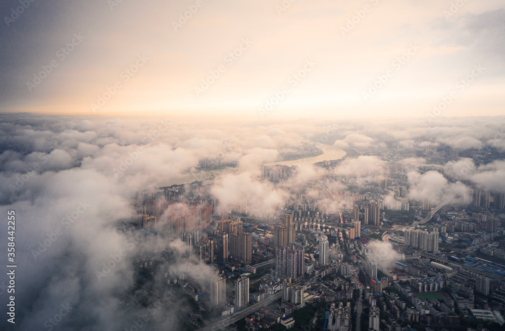 Plakat aerial view above cloud in nanning city china