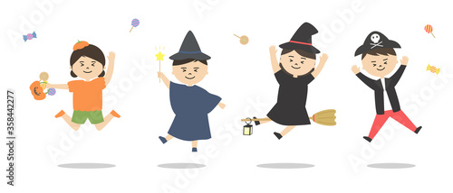 ハロウィンの仮装をしてジャンプをする子供たちのイラスト