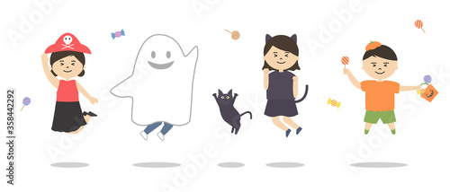 ハロウィンの仮装をしてジャンプをする子供たちのイラスト