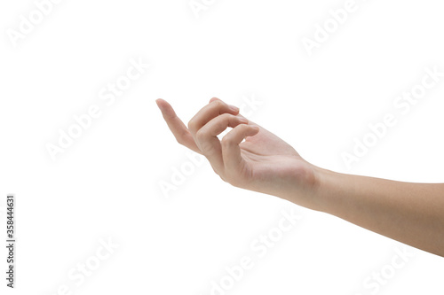 Close-up of woman's hand, index finger crooked isolated on white background, calling up, come here symbol