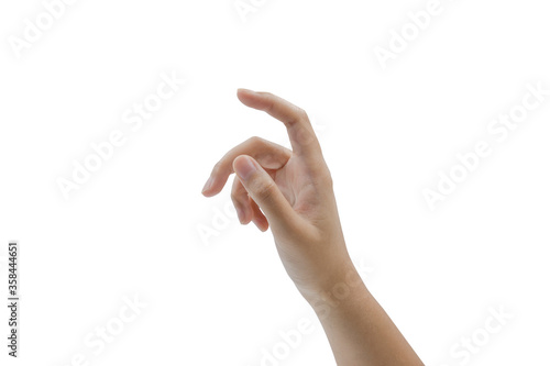Close-up of woman's hand catching, touching or pointing to something isolated on white background