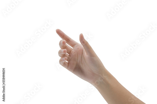 Close-up of woman's hand holding something like a bottle or a small thing isolated on white background
