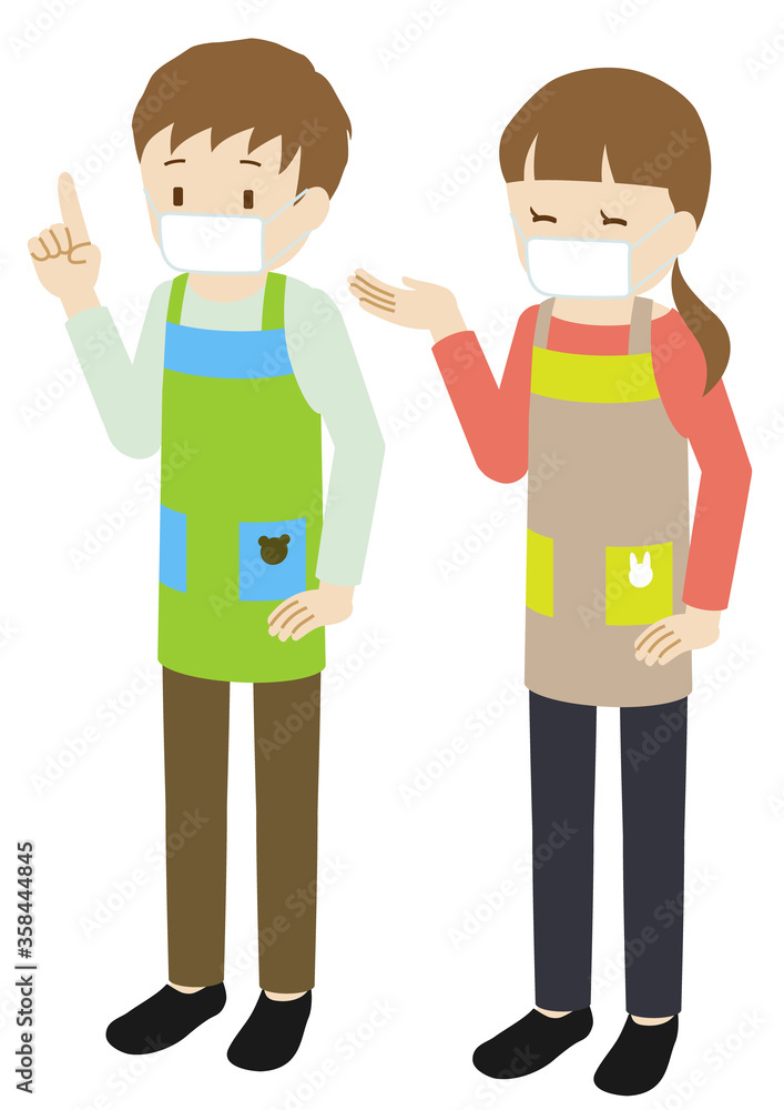 Illustration of male and female nursery teachers wearing an apron and mask Illustration of male and female nursery teachers wearing an apron and mask