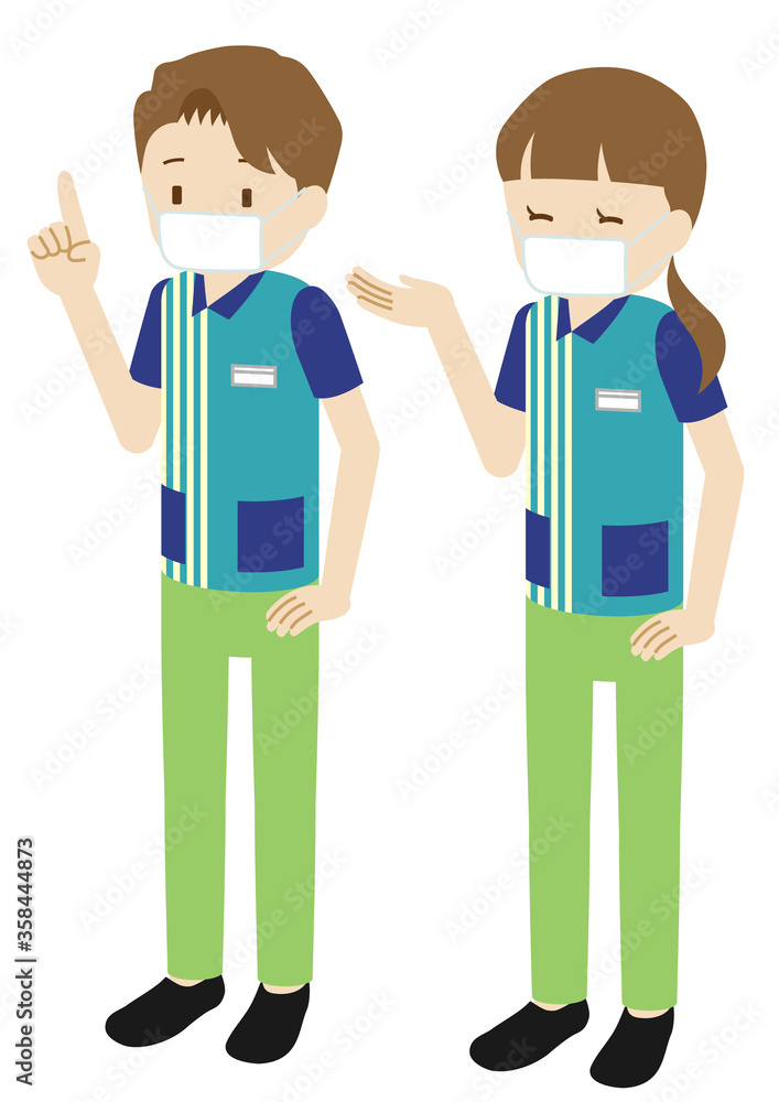 Illustration of male and female clerks at convenience store wearing a mask Illustration of male and female clerks at convenience store wearing a mask