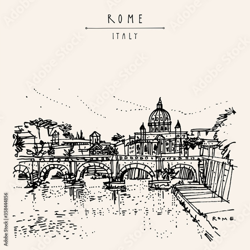 Rome, Italy, Europe. Tiber River, St. Angelo Bridge (Aelian Bridge, Pons Aelius, Bridge of Hadrian) and St. Peter's Basilica sketch. Vintage hand drawn travel postcard. EPS10 vector illustration