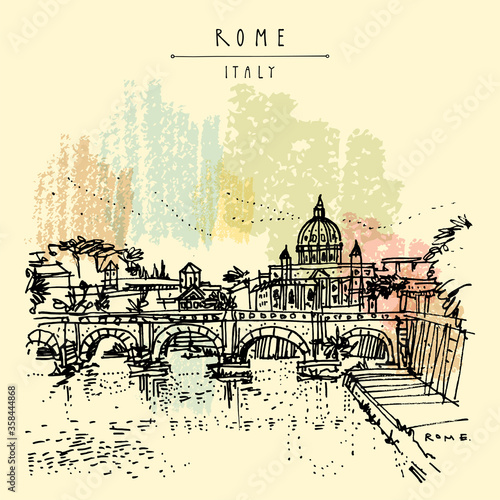 Rome, Italy, Europe. Tiber River, St. Angelo Bridge (Aelian Bridge, Pons Aelius, Bridge of Hadrian) and St. Peter's Basilica sketch. Vintage hand drawn travel postcard. EPS10 vector illustration