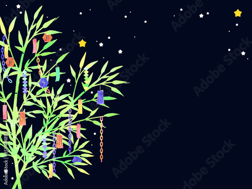 七夕の笹と飾りのイラスト背景、手描き、水彩風