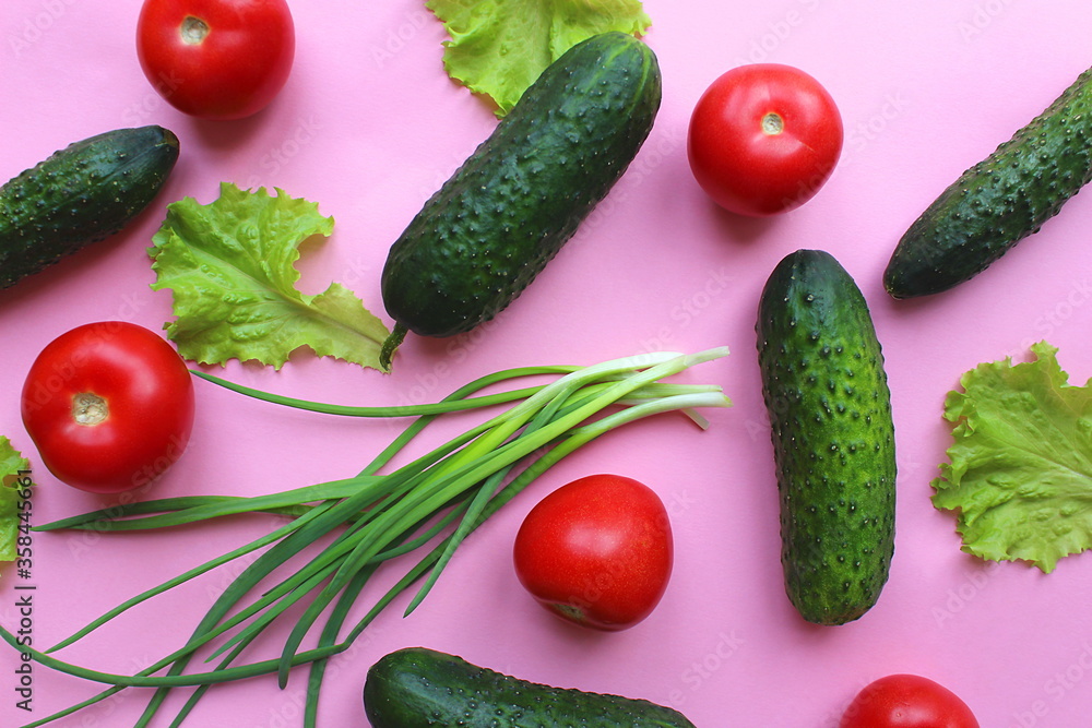 Texture of vegetables on a pink background Texture of vegetables on a pink background