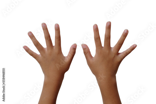 Close up Kid's hand with long nails isolated on white background. Unclean nails. Heathy concept.
