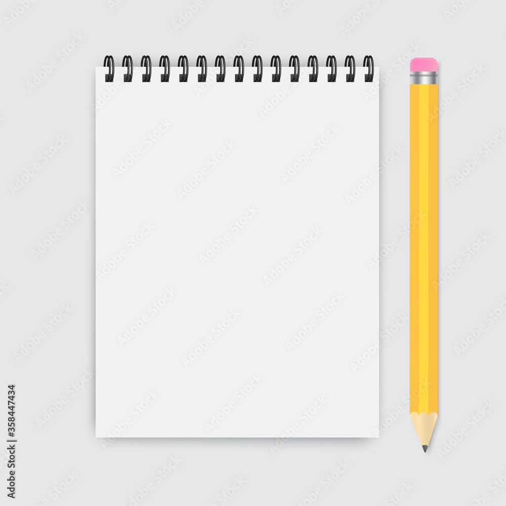 Pencil with a paper notebook. Vector sheet notepad for notes. Flat illustration of a page from a school notebook for notes. Empty white pad. Stock Photo. Pencil with a paper notebook. Vector sheet notepad for notes. Flat illustration of a page from a school notebook for notes. Empty white pad. Stock Photo.