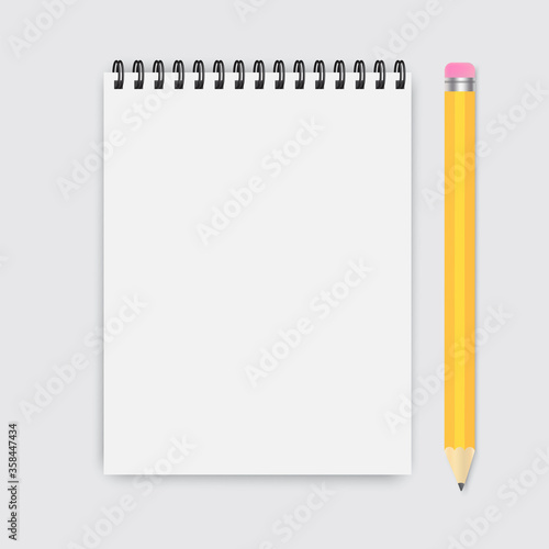 Pencil with a paper notebook. Vector sheet notepad for notes. Flat illustration of a page from a school notebook for notes. Empty white pad. Stock Photo.