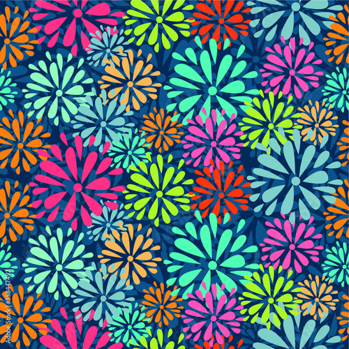 Seamless pattern colorful abstract flower with dark blue background
