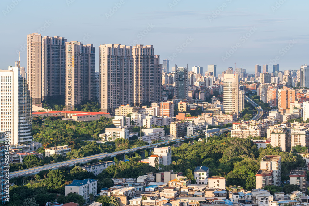 Modern city skyline and viaduct, the fast city transportation BRT in Xiamen city, Fujian, Chian