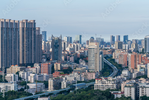 Modern city skyline and viaduct  the fast city transportation BRT in Xiamen city  Fujian  Chian