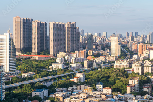 Modern city skyline and viaduct, the fast city transportation BRT in Xiamen city, Fujian, Chian