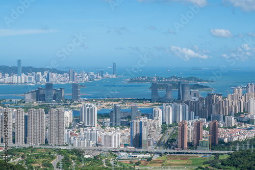 Aerial view of Cityscape with blue sky and buildings in Haicang New District, Xiamen City, Fujian Province © Sen