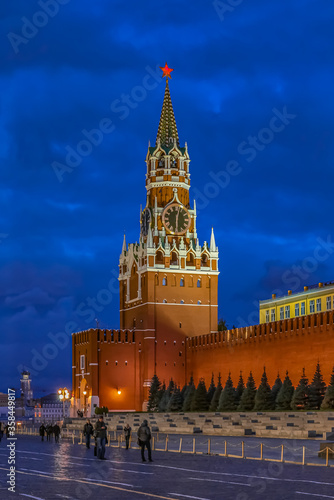 Night view of the Kremlin Spasskaya by the Lenin Mausoleum on the Red Square in Moscow, Russia