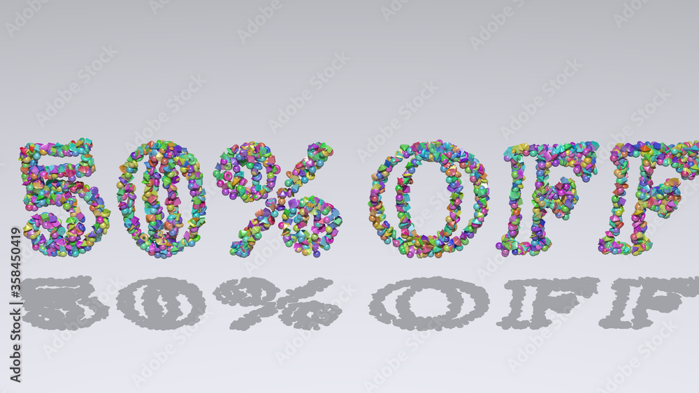 % OFF written in 3D illustration by colorful small objects casting shadow on a white background % OFF written in 3D illustration by colorful small objects casting shadow on a white background