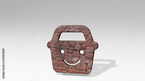 SHOPPING BASKET SMILE on the wall. 3D illustration of metallic sculpture over a white background with mild texture. colorful and bags