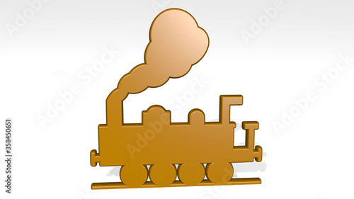 STEAM TRAIN on the wall. 3D illustration of metallic sculpture over a white background with mild texture. smoke and editorial