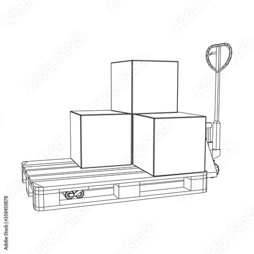 Hand pallet jack lift with pallet and stacked goods cardboard boxes. Manual forklift. Logistics shipping concept. Wireframe low poly mesh vector illustration.