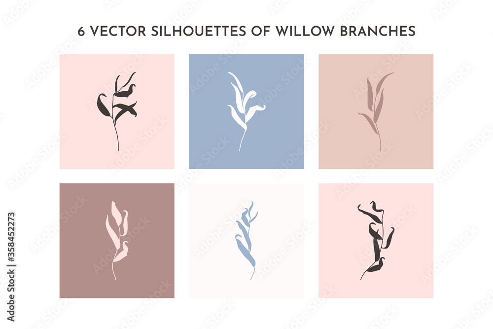 A set of willow branch silhouettes with leaves in a simple minimalistic style. Botanical design. Floral vector