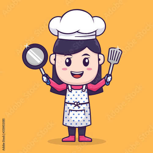 Mascot Chef Character Design. cute cartoon girl wearing apron, holding spatula and frying pan. photo